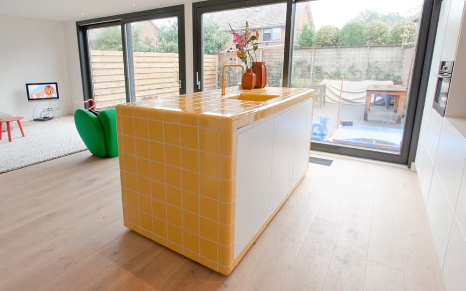 Open-concept kitchen with oak island, Leslieville